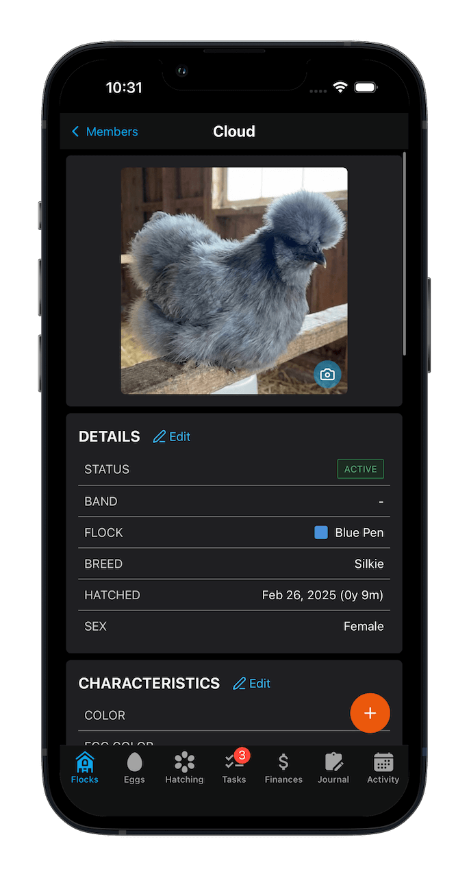 Flock management interface showing individual bird records