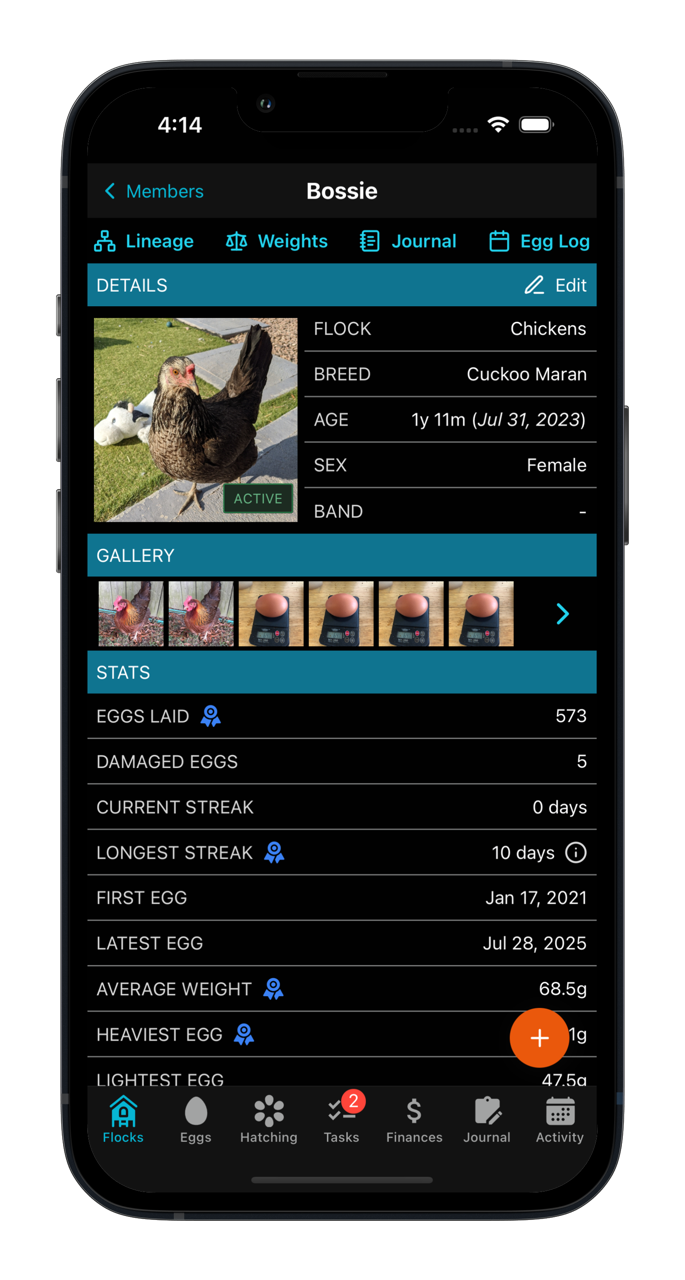 Flock management interface showing individual bird records